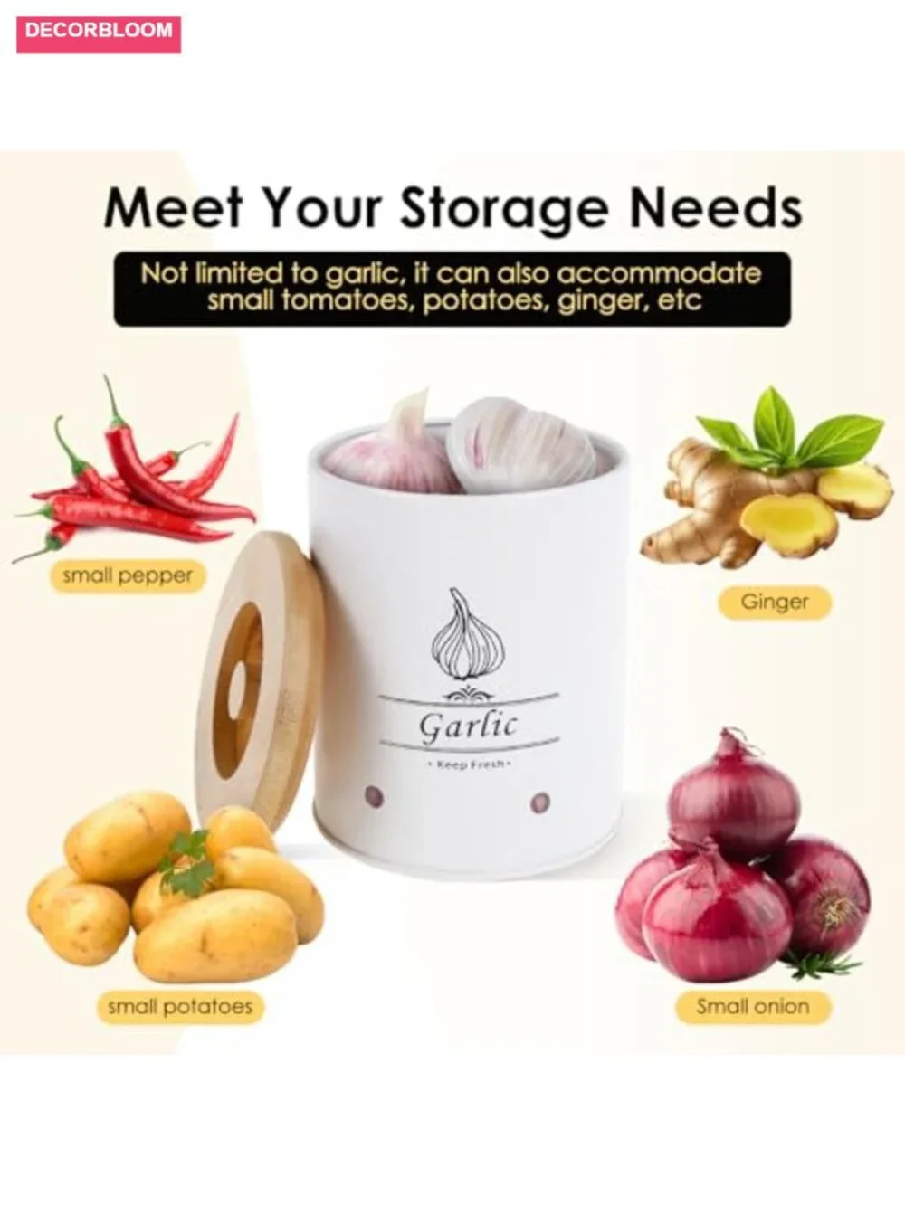 Large Ceramic Garlic Keeper with Wood Lid, Ventilated Garlic Storage Box, 2.3L